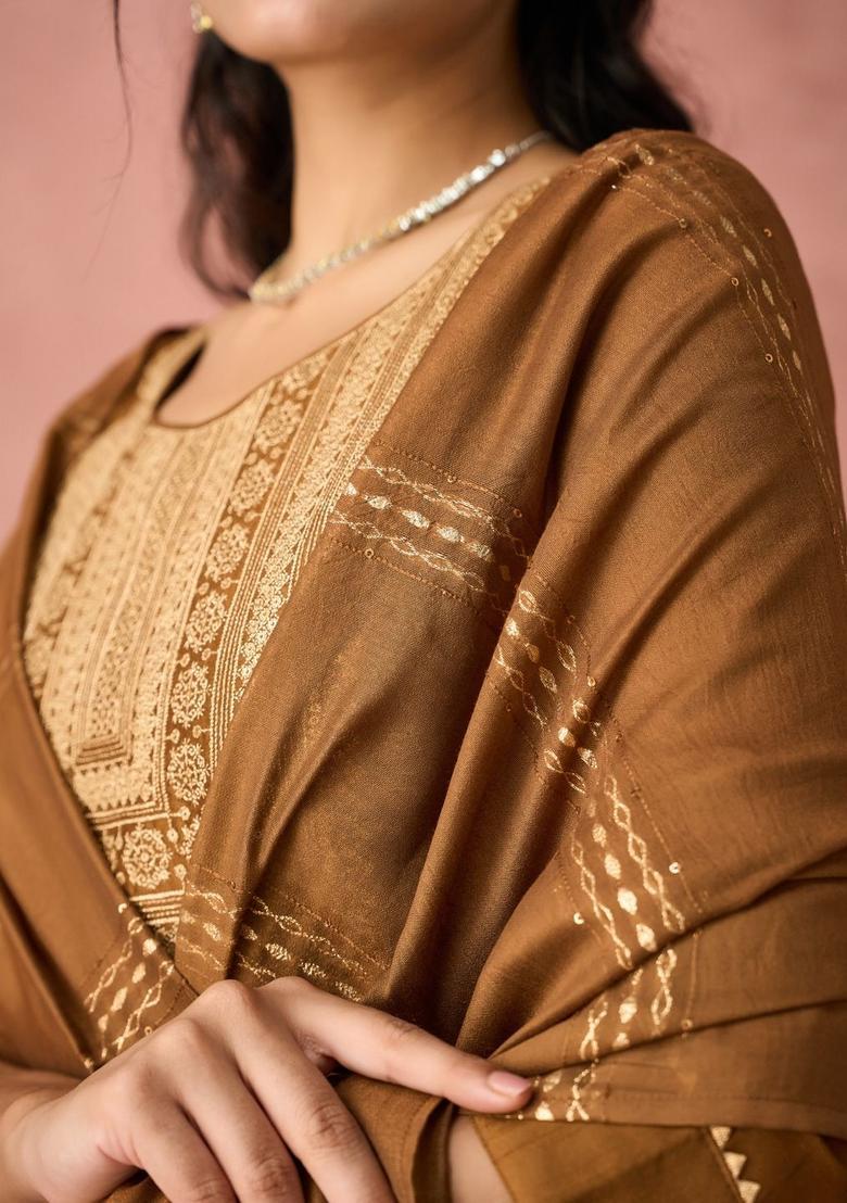 Brown Yoke Design Silk Kurta Set - Indya