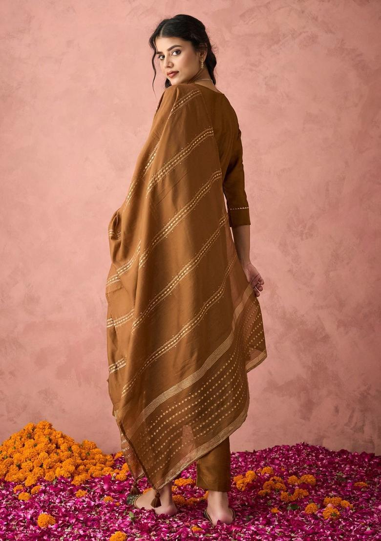Brown Yoke Design Silk Kurta Set - Indya