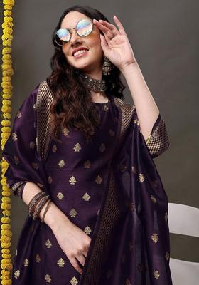 Purple Woven Design Silk Blend Kurta Set
