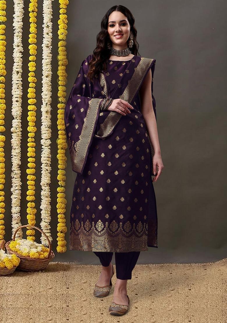 Purple Woven Design Silk Kurta Set - Indya