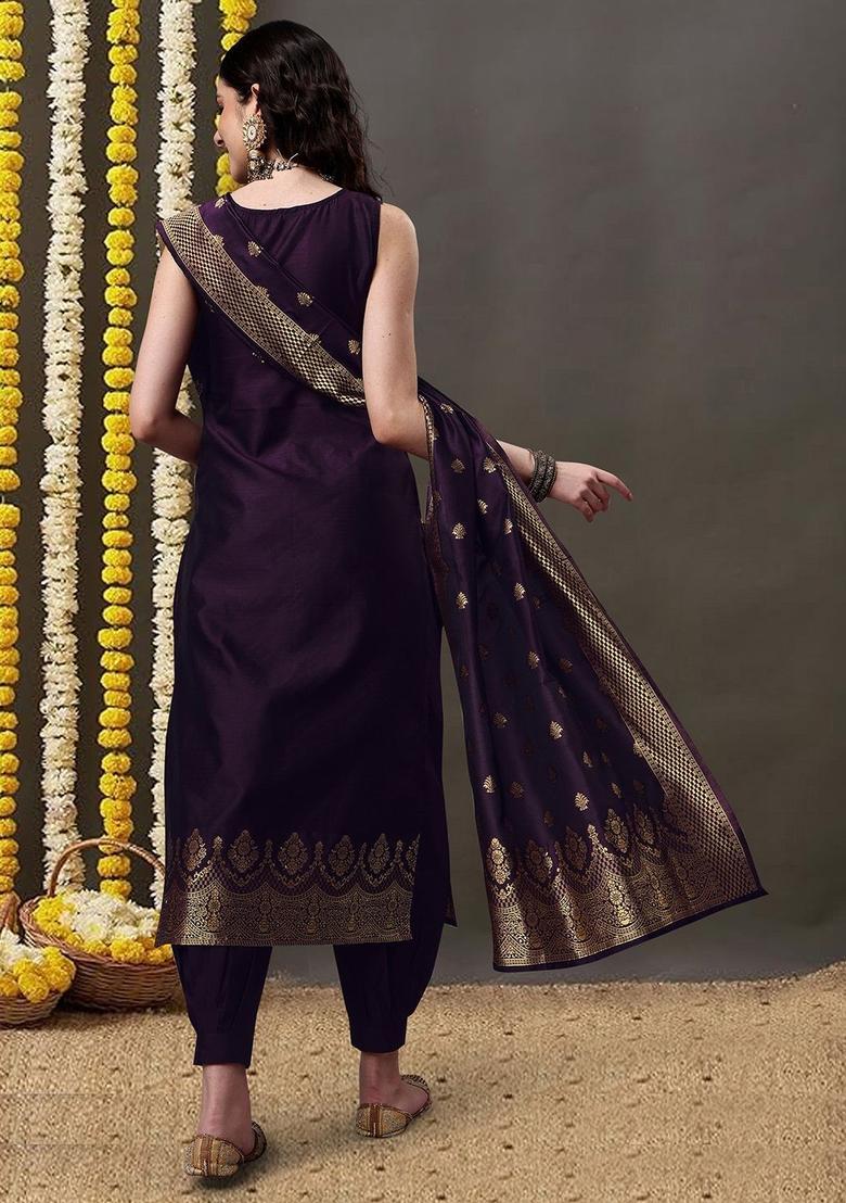 Purple Woven Design Silk Kurta Set - Indya