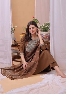 Brown Yoke Design Cotton Kurta Set