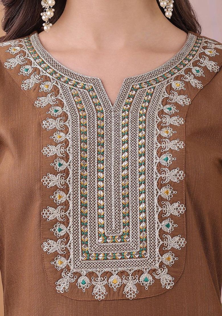 Brown Yoke Design Cotton Kurta Set - Indya