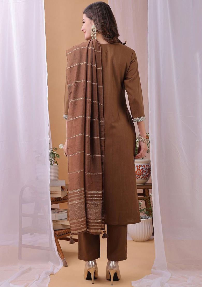 Brown Yoke Design Cotton Kurta Set - Indya