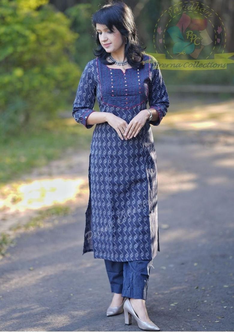 Blue Woven Design Viscose Kurta Set - Indya