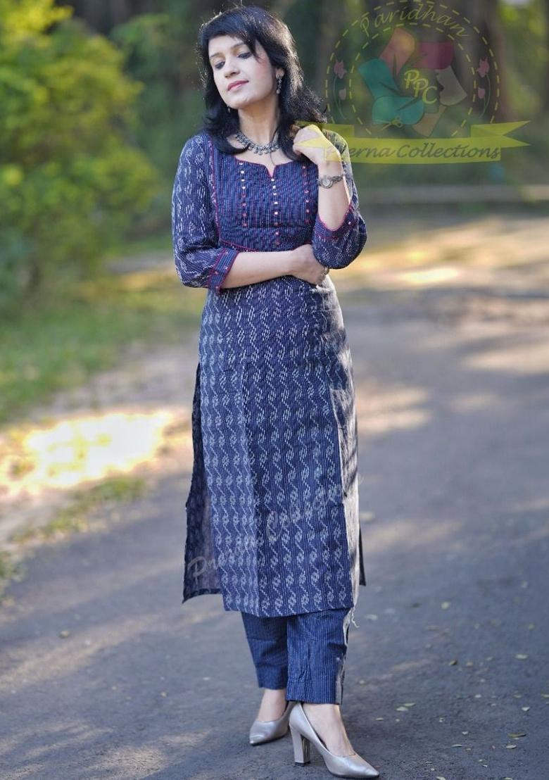 Blue Woven Design Viscose Kurta Set - Indya