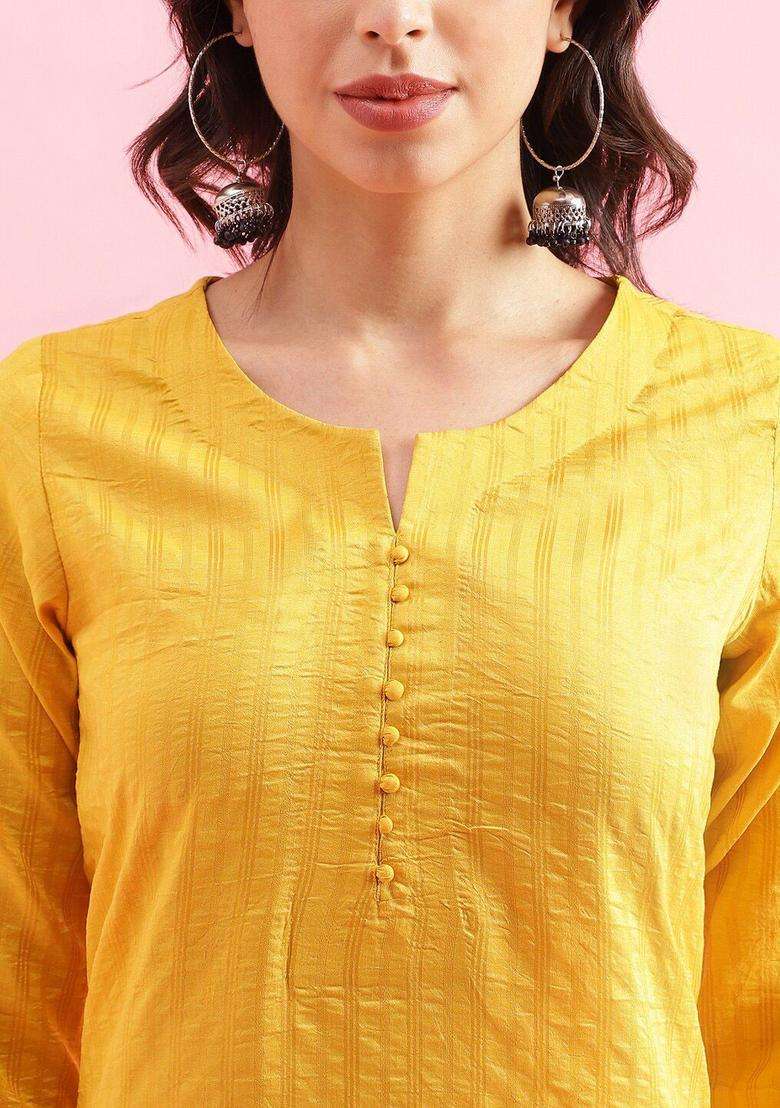 Yellow Striped Polyester Kurta Set - Indya