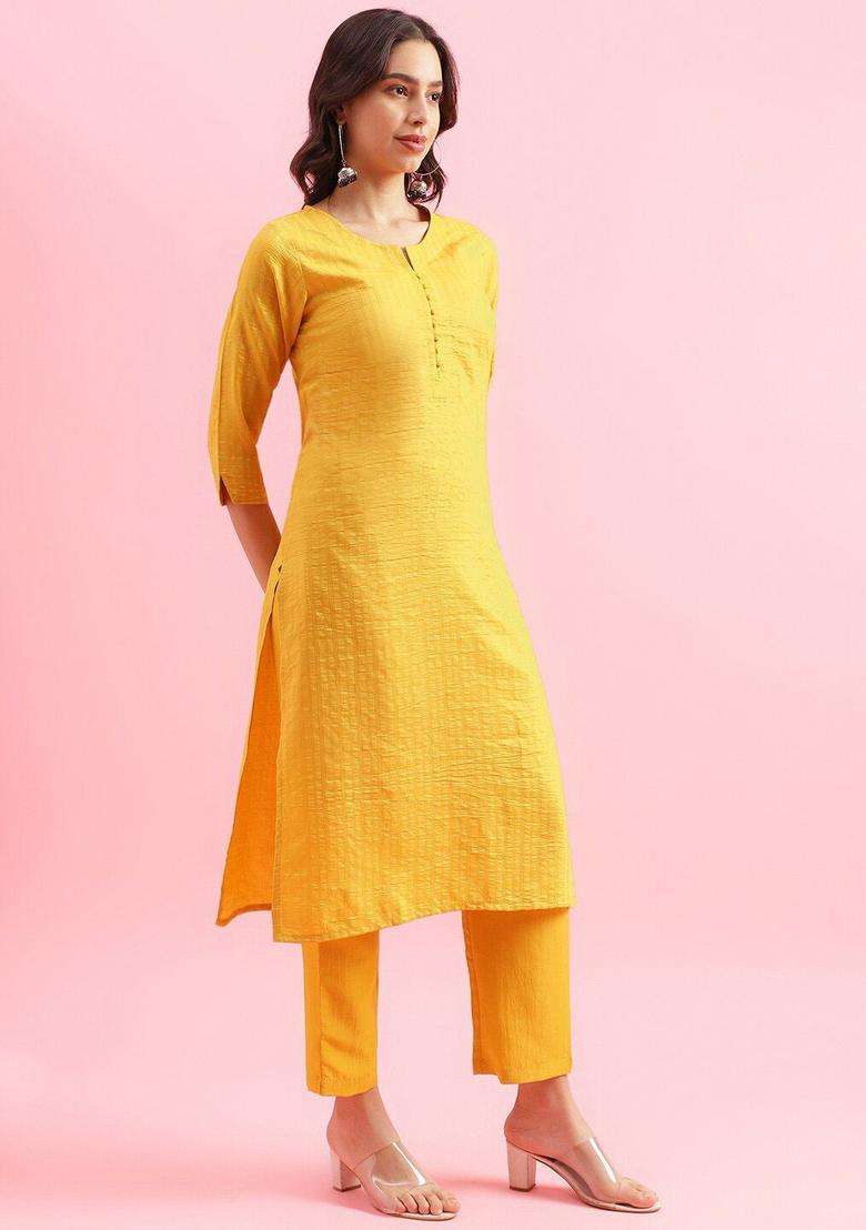 Yellow Striped Polyester Kurta Set - Indya