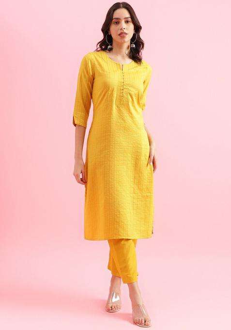 Yellow Striped Polyester Kurta Set