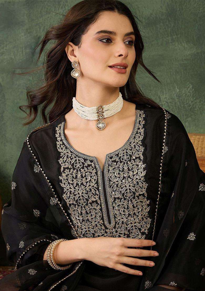 Black Embroidered Viscose Kurta Set - Indya