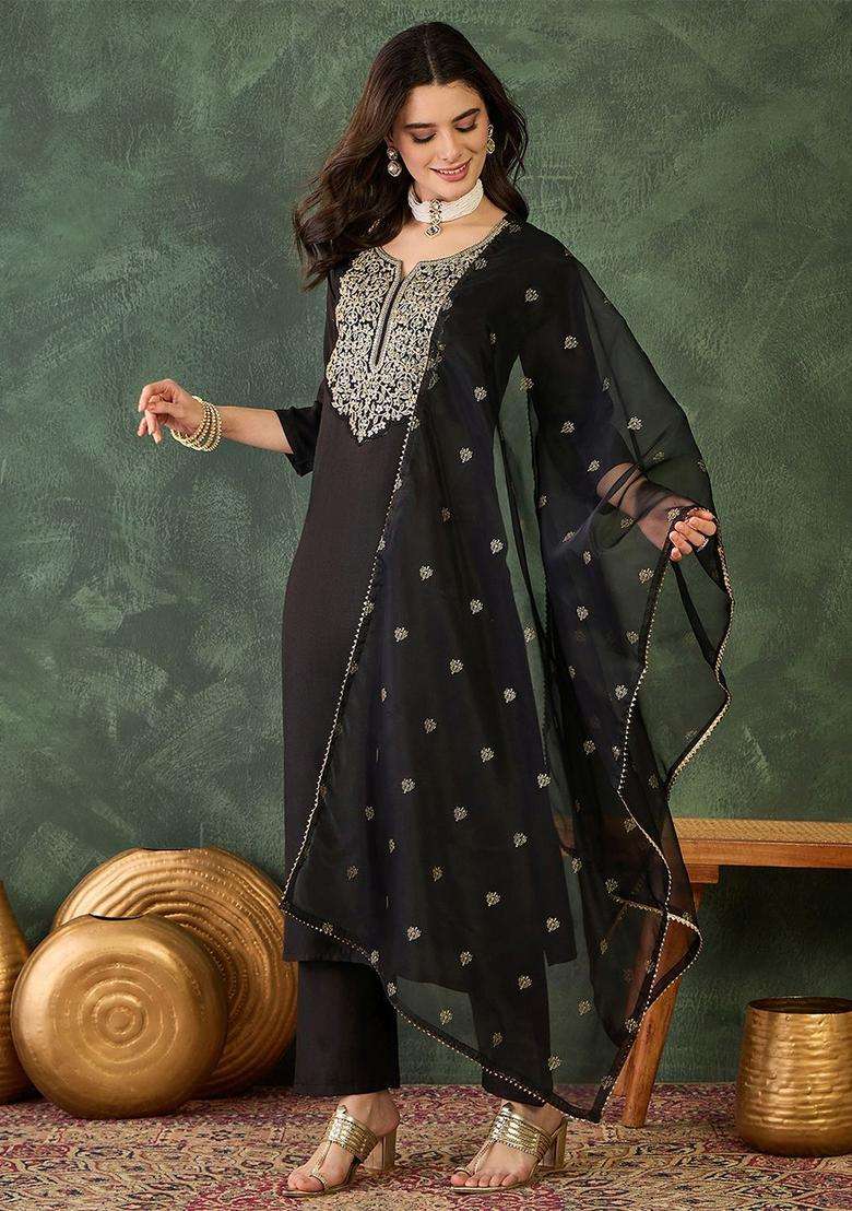 Black Embroidered Viscose Kurta Set - Indya