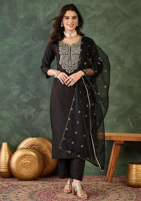 Black Embroidered Viscose Kurta Set