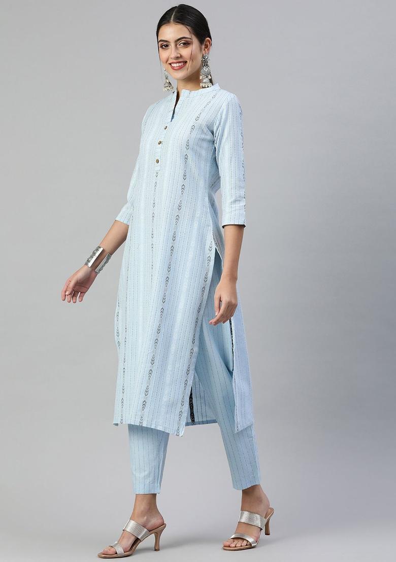 Blue Woven Design Cotton Kurta Set - Indya