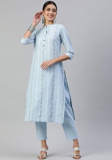 Blue Woven Design Cotton Kurta Set — view on Indya