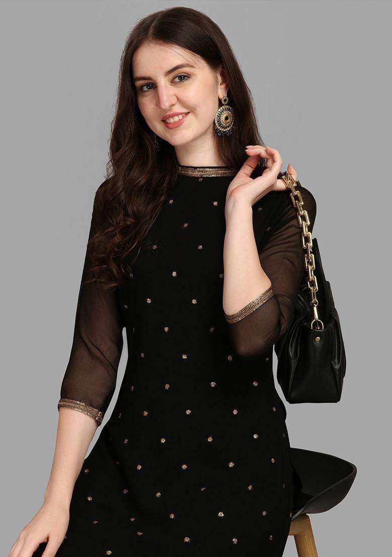 Black Embroidered Cotton Kurta Set - Indya