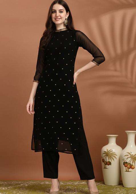 Black Embroidered Cotton Kurta Set