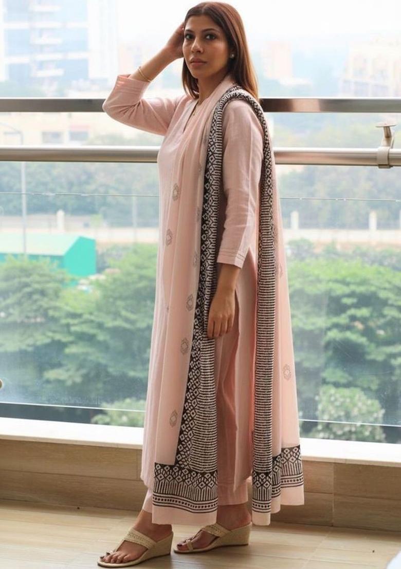 Peach Solid Cotton Kurta Set - Indya