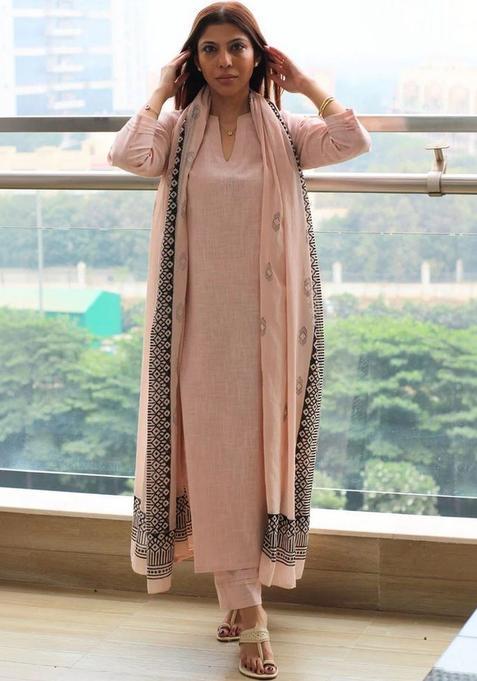 Peach Solid Cotton Kurta Set — view on Indya
