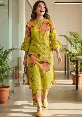 Green Printed Cotton Kurta Set