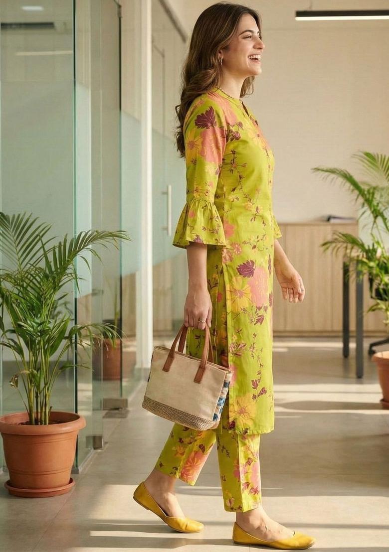 Green Printed Cotton Kurta Set - Indya