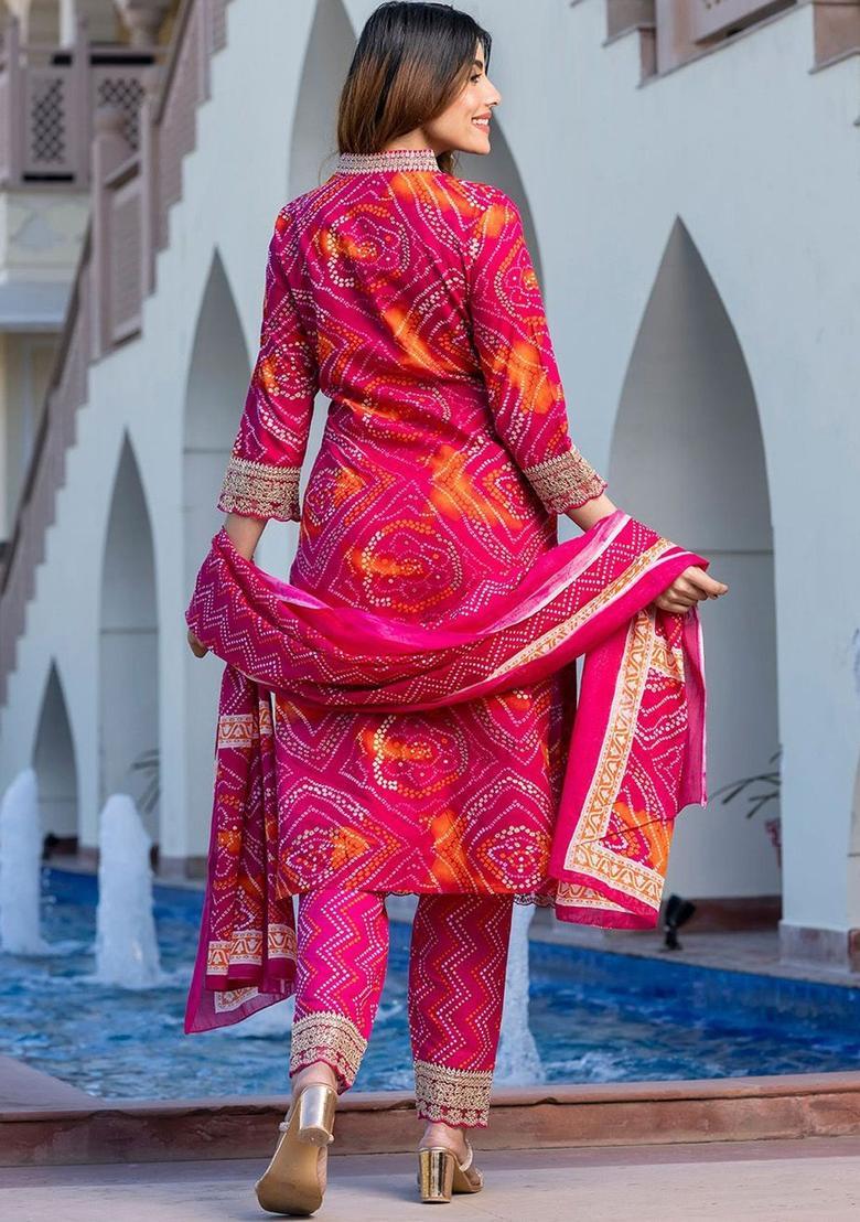 Pink Embroidered Cotton Kurta Set - Indya