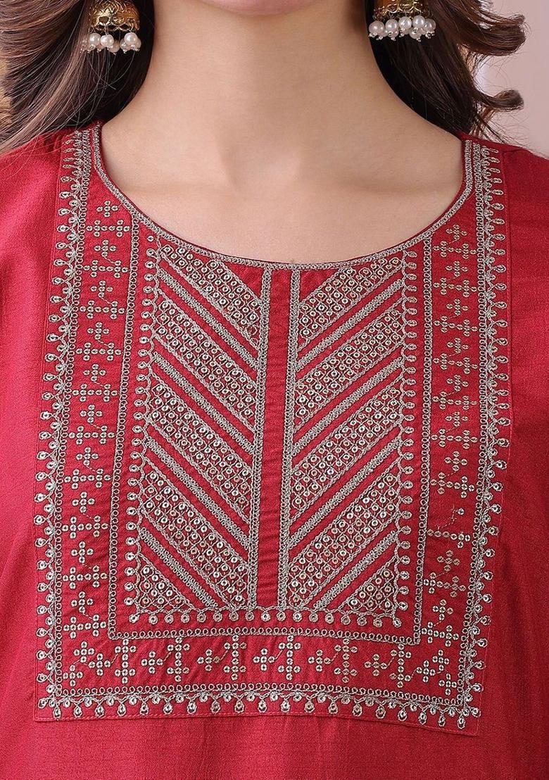 Pink Embroidered Silk Kurta Set - Indya