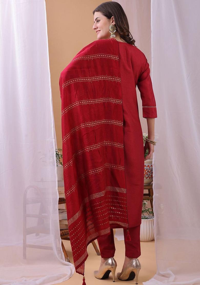 Pink Embroidered Silk Kurta Set - Indya