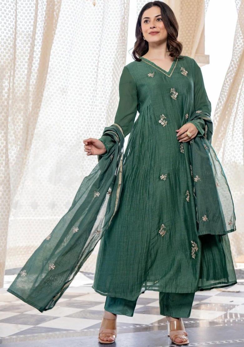 Green Embroidered Cotton Kurta Set - Indya