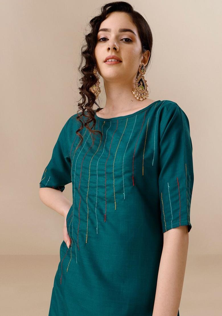 Blue Yoke Design Cotton Kurta Set - Indya