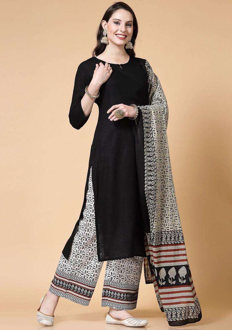 Black Solid Viscose Kurta Set - Indya