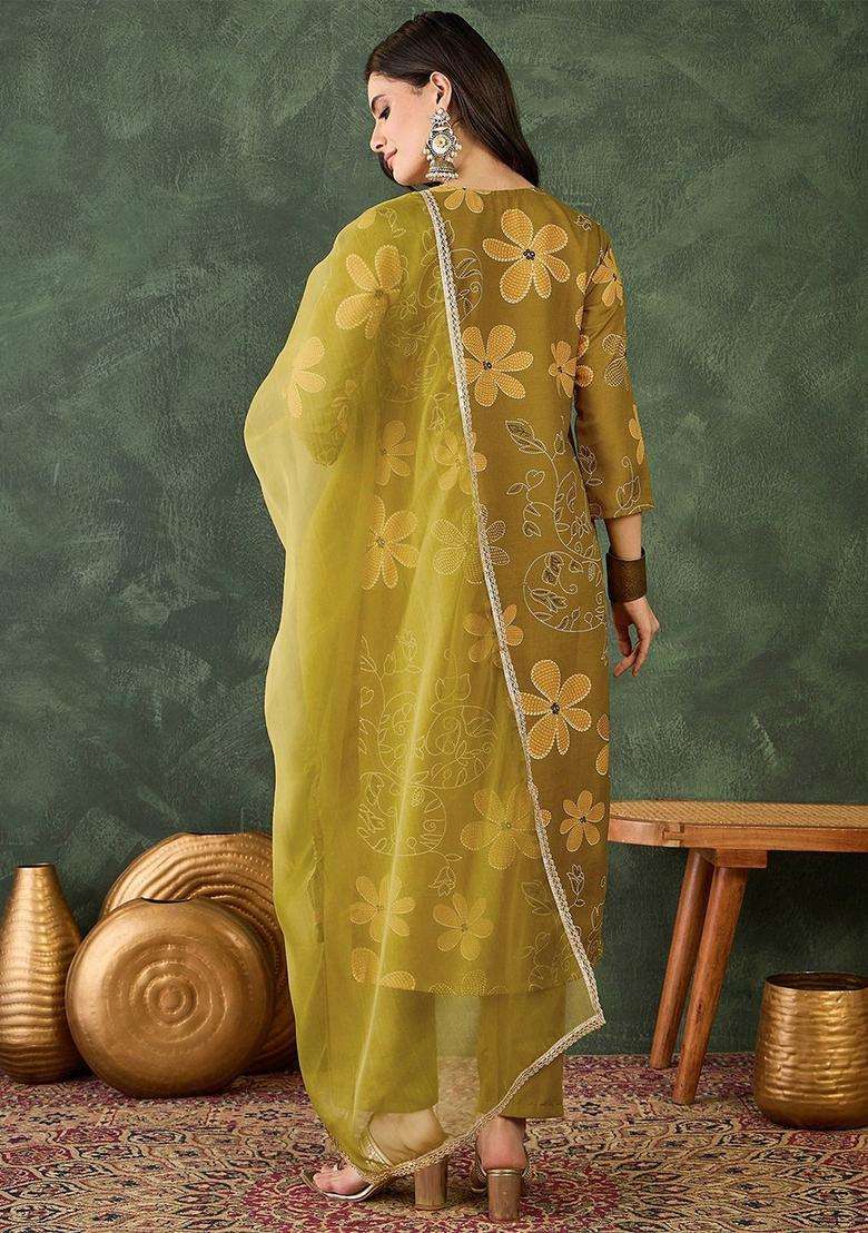 Yellow Embroidered Viscose Kurta Set - Indya