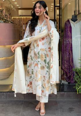Beige Printed Viscose Kurta Set