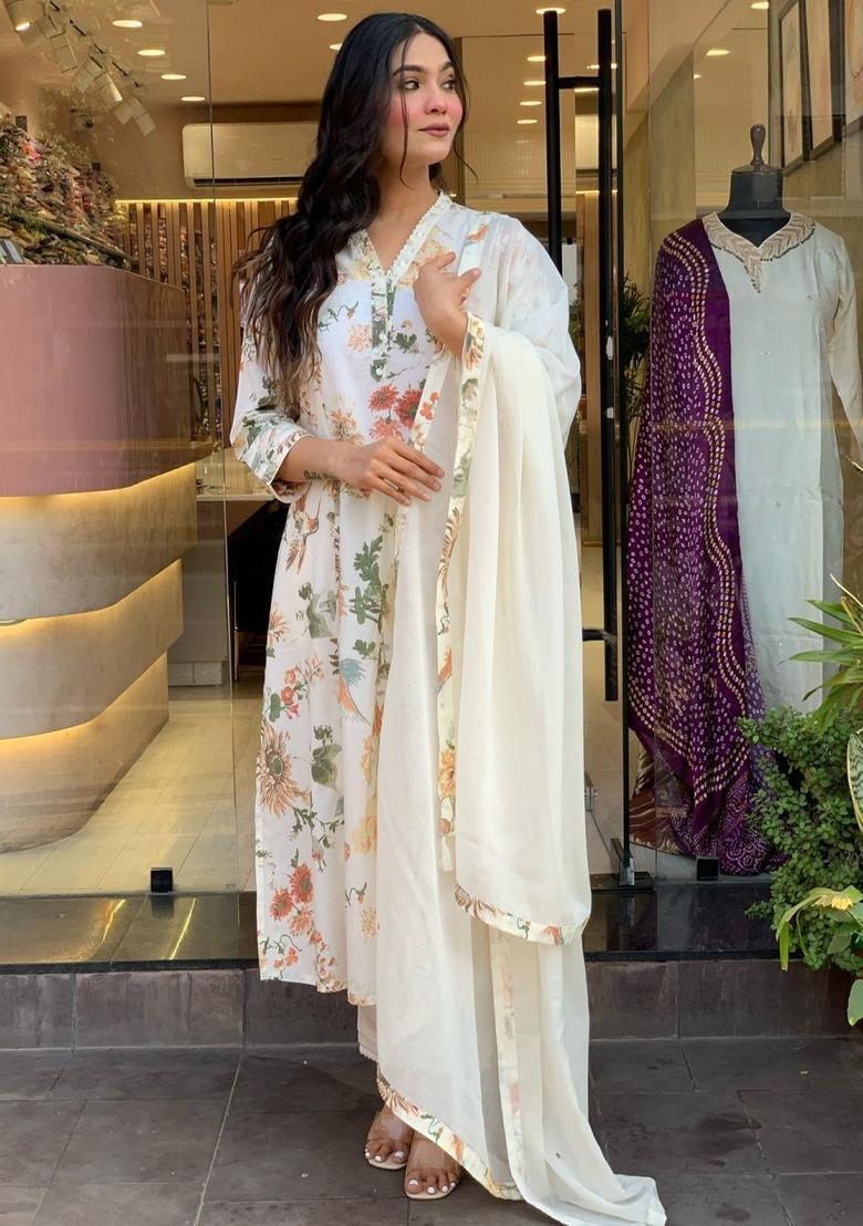 Beige Printed Viscose Kurta Set - Indya