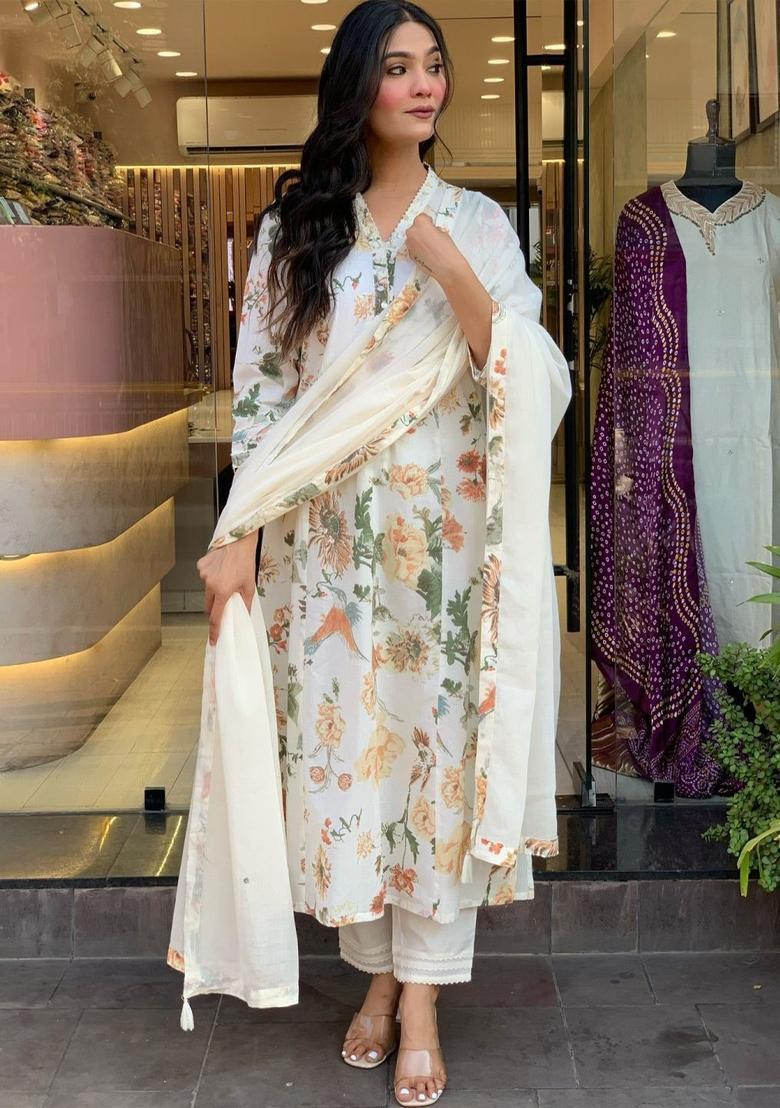 Beige Printed Viscose Kurta Set - Indya