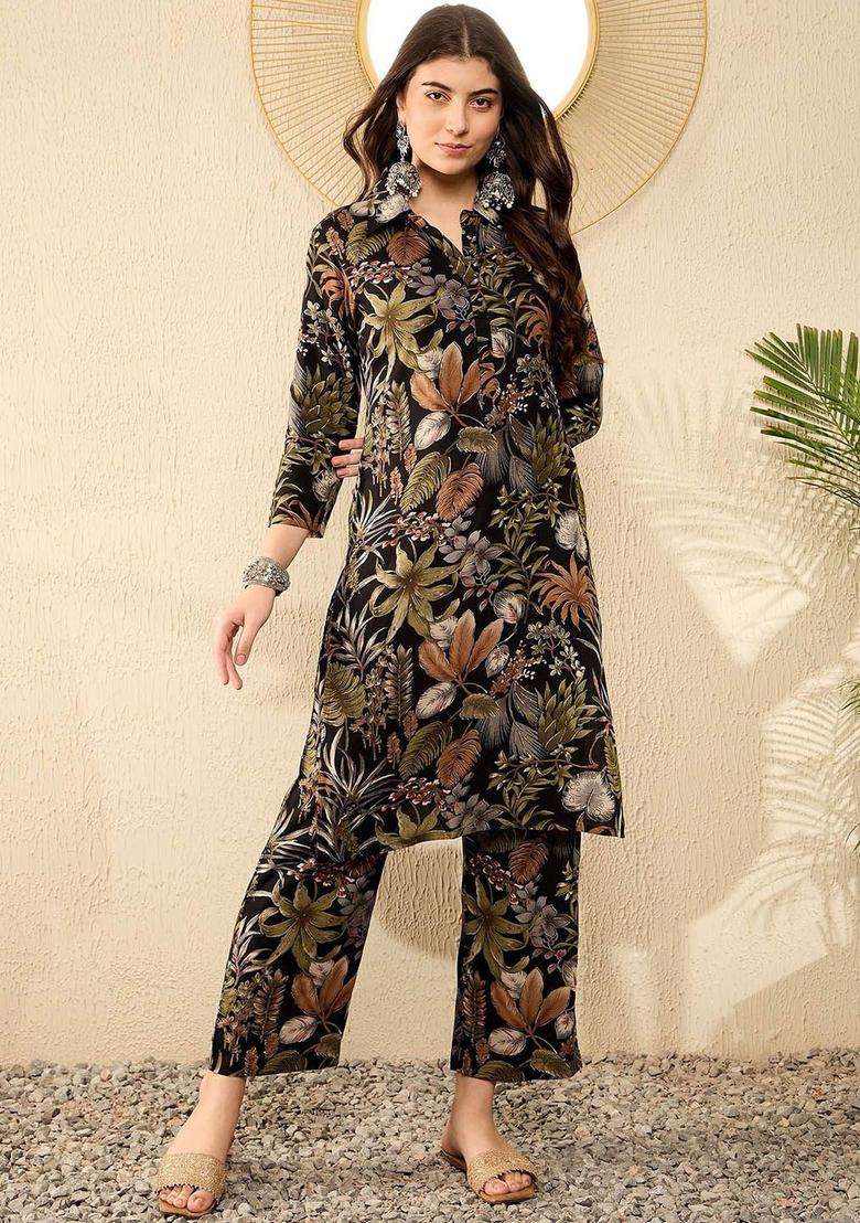 Black Printed Viscose Kurta Set - Indya