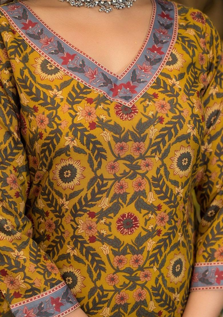 Yellow Printed Viscose Kurta Set - Indya