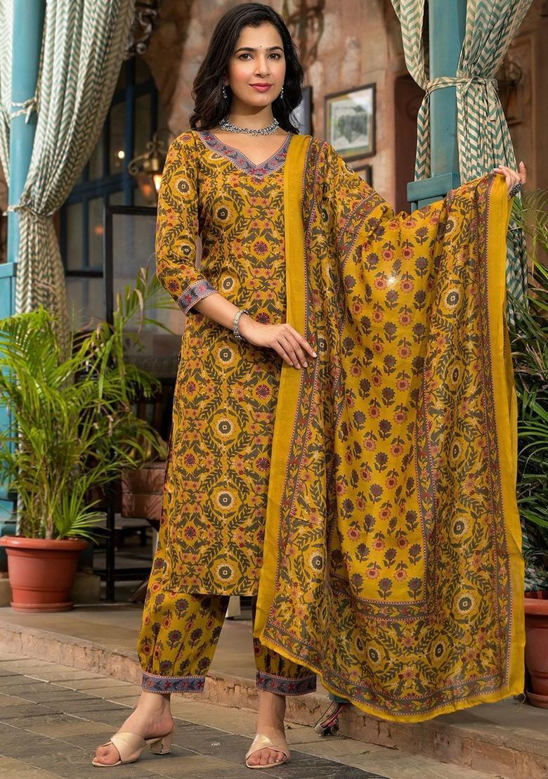 Yellow Printed Viscose Kurta Set - Indya