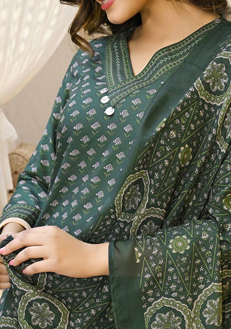 Green Printed Viscose Kurta Set - Indya
