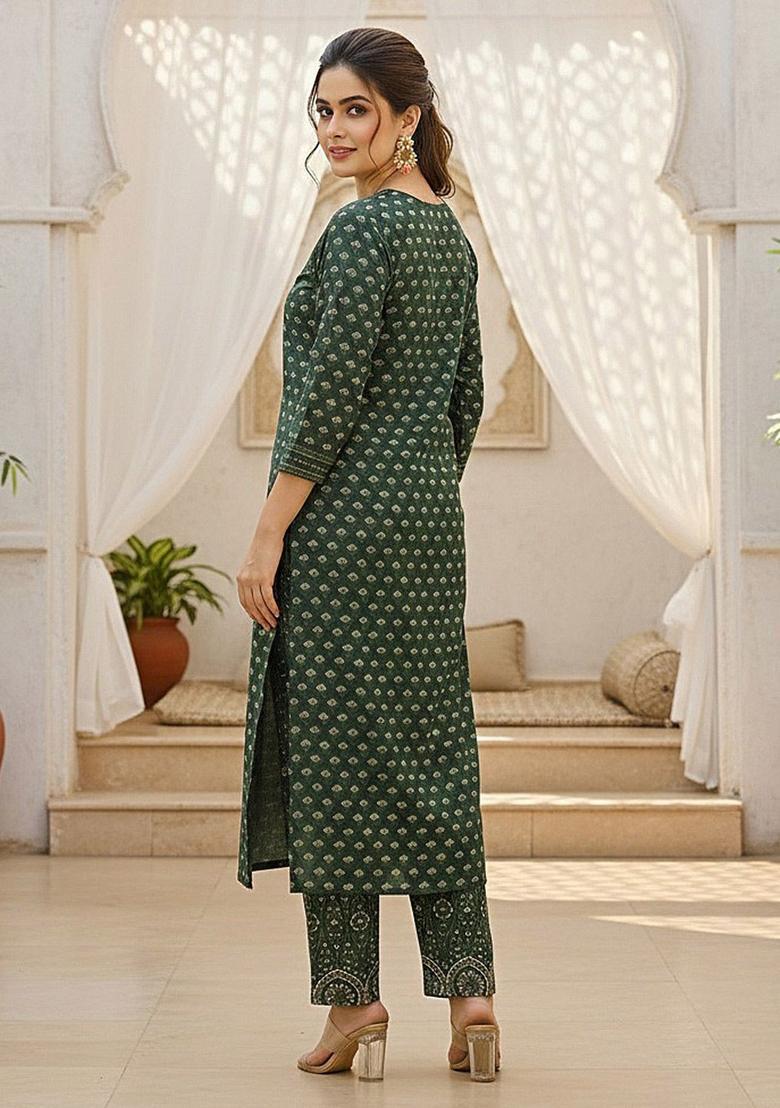 Green Printed Viscose Kurta Set - Indya