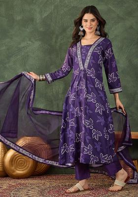 Purple Self Design Viscose Kurta Set