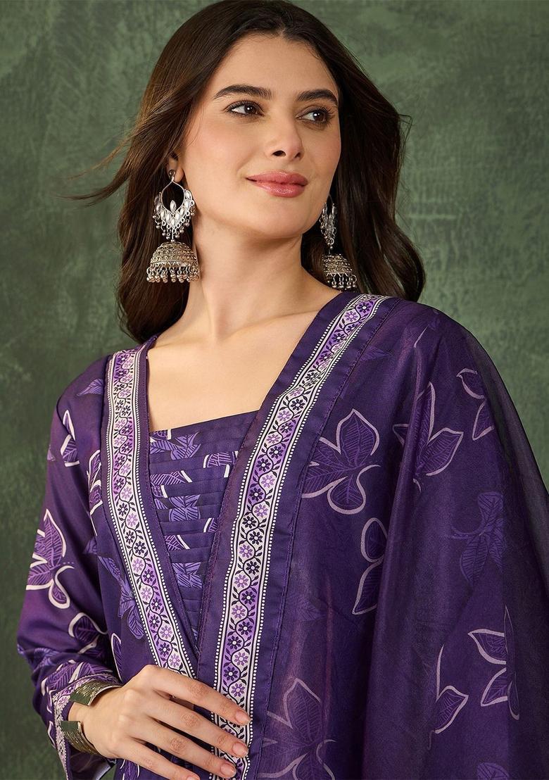 Purple Self Design Viscose Kurta Set - Indya