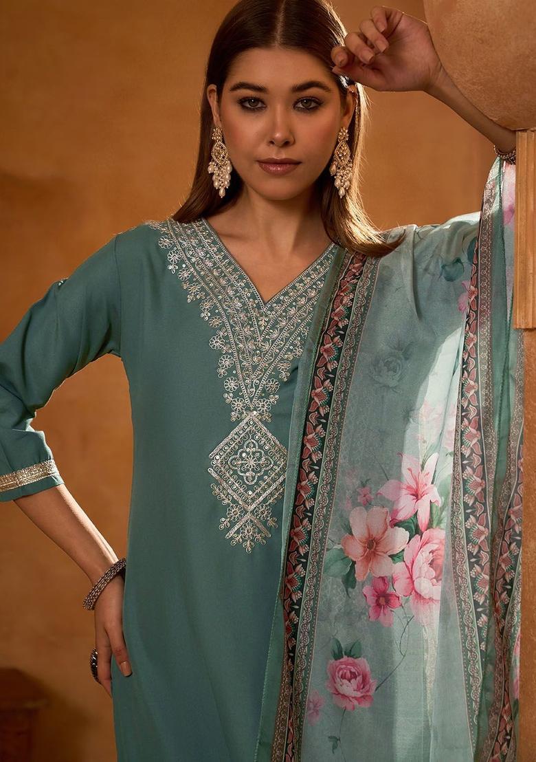 Olive Yoke Design Viscose Kurta Set - Indya