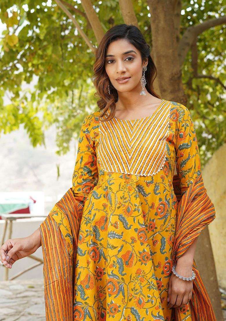 Yellow Printed Cotton Kurta Set - Indya