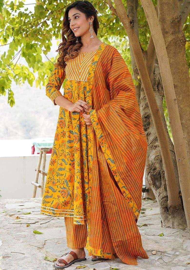 Yellow Printed Cotton Kurta Set - Indya