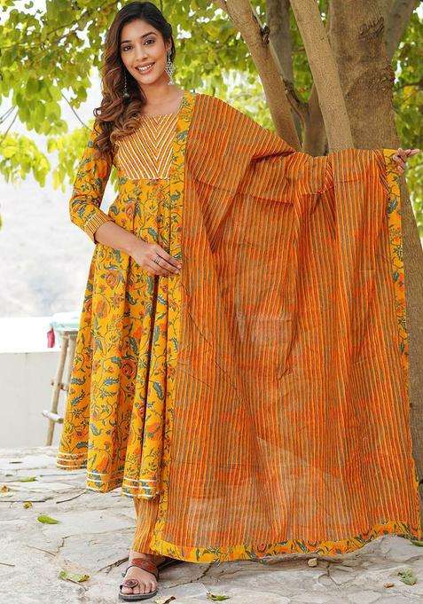 Yellow Printed Cotton Kurta Set