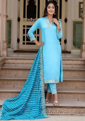 Blue Yoke Design Viscose Kurta Set