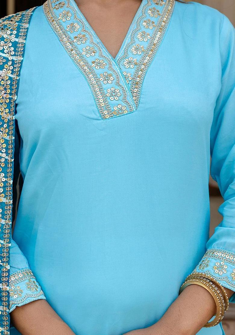 Blue Yoke Design Viscose Kurta Set - Indya