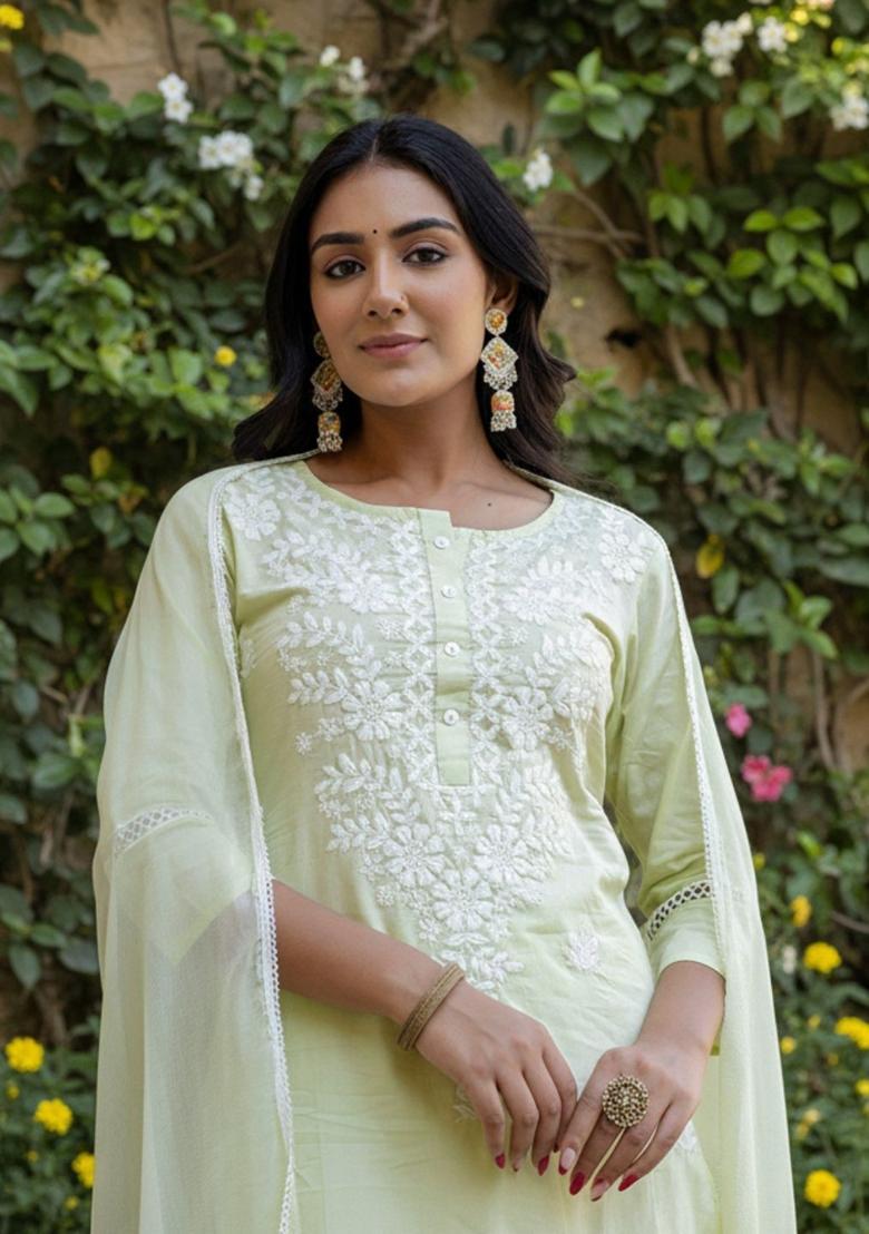 Yellow Embroidered Cotton Kurta Set - Indya