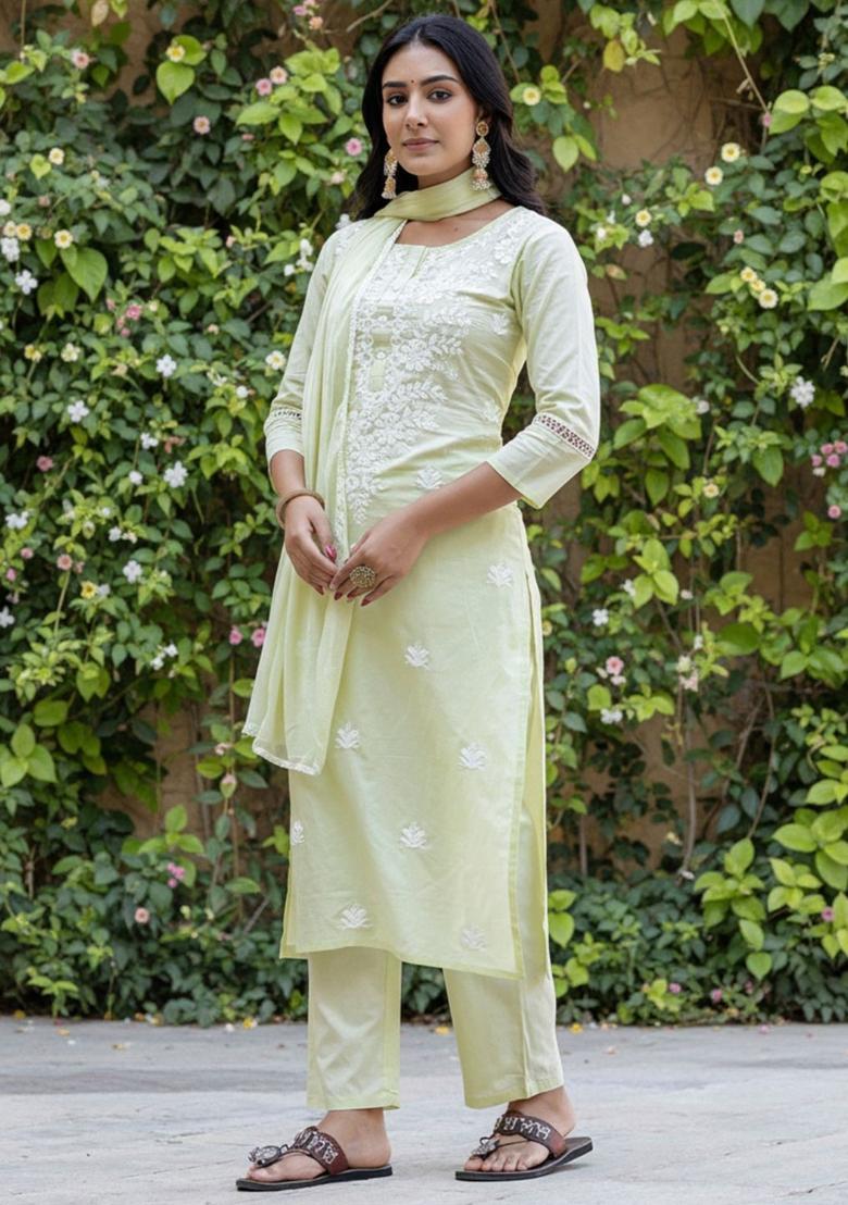 Yellow Embroidered Cotton Kurta Set - Indya