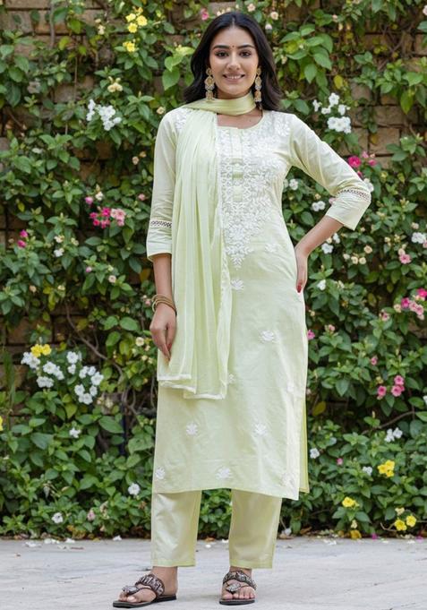 Yellow Embroidered Cotton Kurta Set — view on Indya